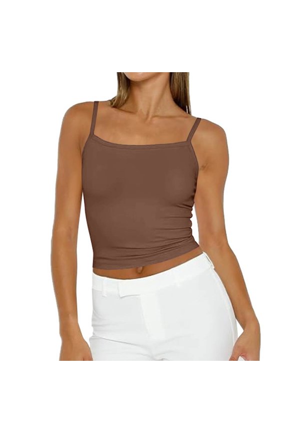 Tank Tops for Women Square Neck Spaghetti Strap Fitted Ribbed Crop Cami Summer Party Layering Light Brown XS