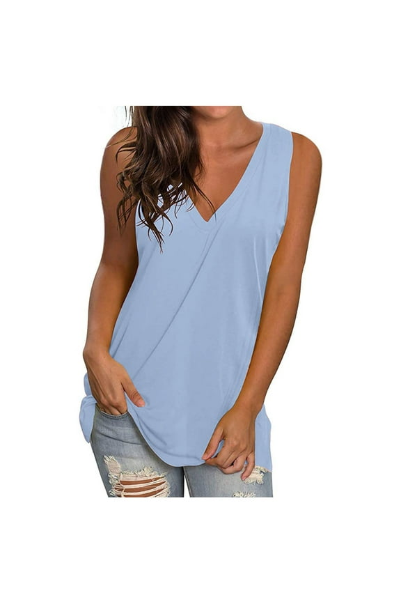 Tank Tops for Women V-Neck Gradient Sleeveness Casual Solid Loose Blouses Light Blue L