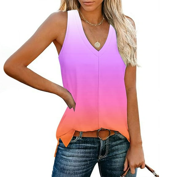 Tank Tops for Women under $4.98 no boundari Gradient V-neck Sleeveless Loose Casual Side Slit Casual Top Purple XL