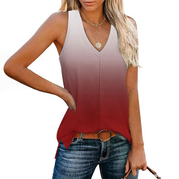 Tank Tops for Women under $4.98 no boundari Gradient V-neck Sleeveless Loose Casual Side Slit Casual Top Red XL