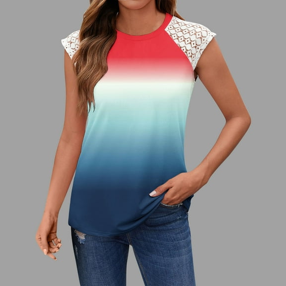 Tank Tops for Women under $4.98 no boundari Lace Sleeveless Round Neck Gradient Printed T-shirt Red XL