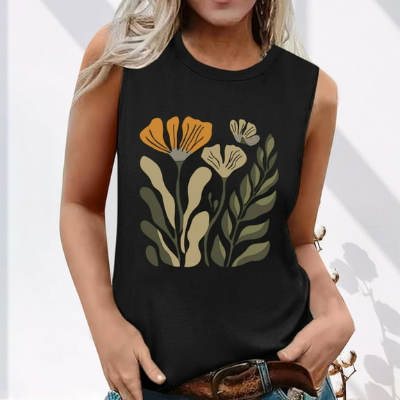 Tank Tops for Women under $4.98 no boundari Sleeveless Floral Print Round Neck Summer Printed Top Black XL