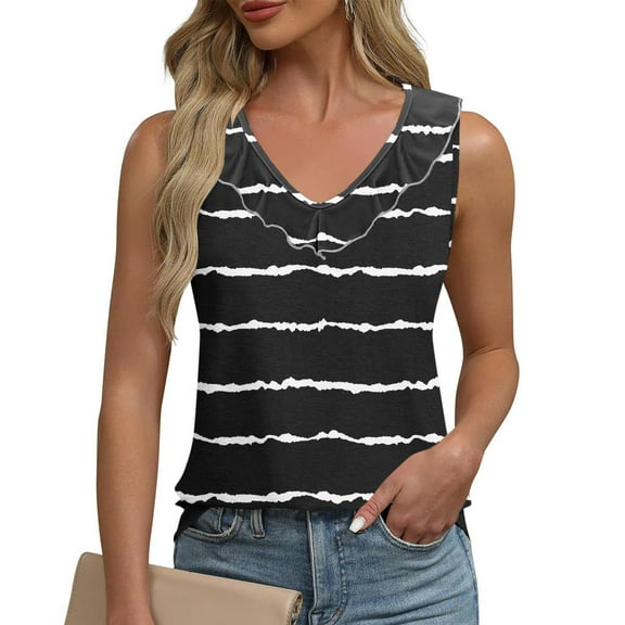 Tank Tops for Women under $4.98 no boundari Sleeveless Stripe Ruffles V-neck Casual Shirt Black XL