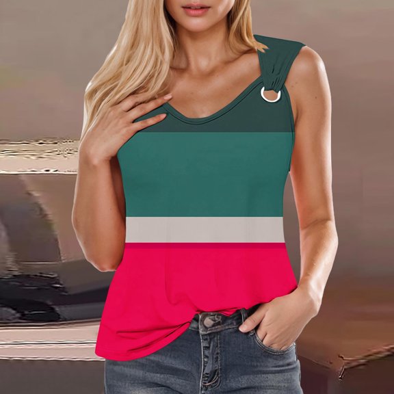Tank Tops for Women under $4.98 no boundari Sleeveless V-neck Printing Loose T-shirt Hot Pink XL