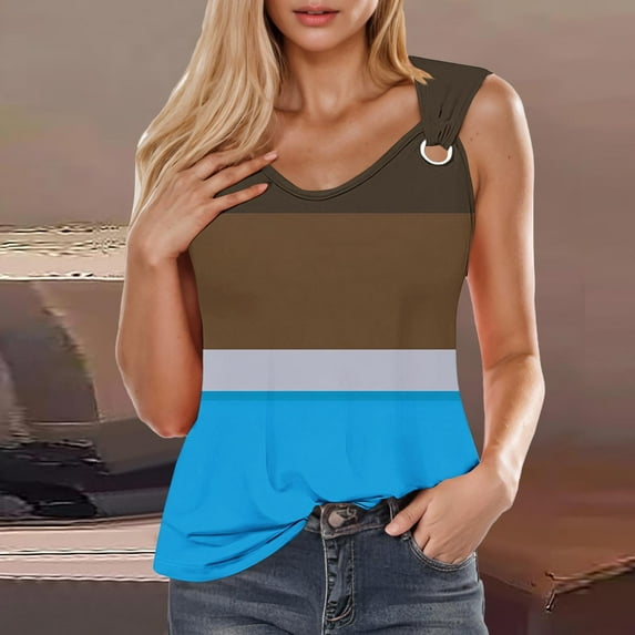 Tank Tops for Women under $4.98 no boundari Sleeveless V-neck Printing Loose T-shirt Sky Blue XL