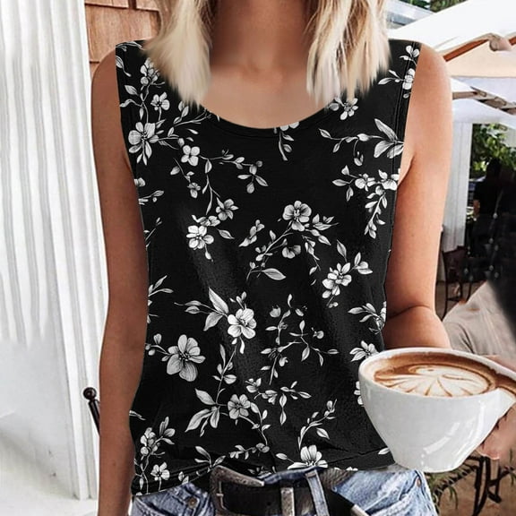 Tank Tops for Women under $4.98 no boundari Summer Printed Round-Neck Sleeveless Tank Top Multicolor XL