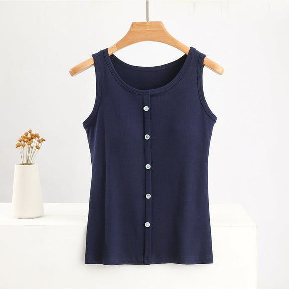 Tank Tops for Women under $4.98 no boundari with Chest Cushion Summer Casual Solid Color Loose Round-neck Camisoles Tank Navy XL