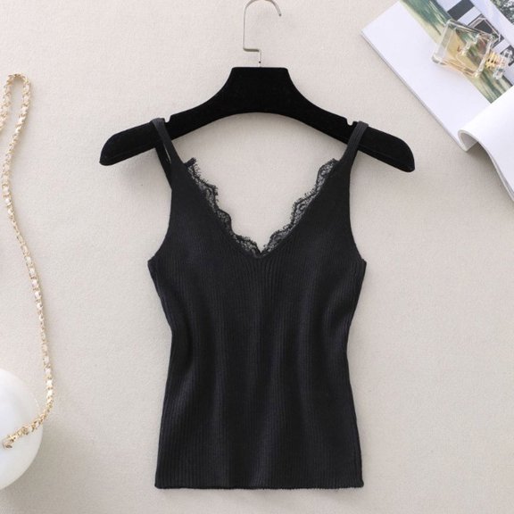 Tank Tops for Women under $4 Sleeveless V-Neck Solid Lace Knitting Vest Tank Ladies Tops Black One Size