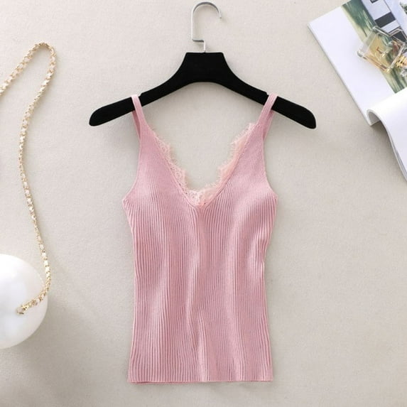 Tank Tops for Women under $4 Sleeveless V-Neck Solid Lace Knitting Vest Tank Ladies Tops Pink One Size