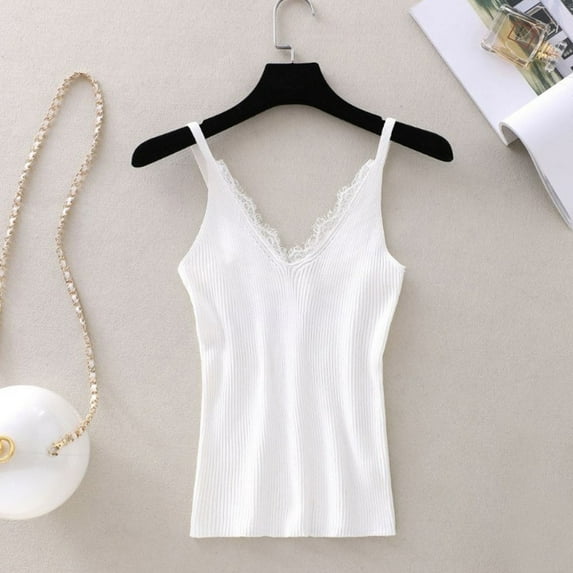Tank Tops for Women under $4 Sleeveless V-Neck Solid Lace Knitting Vest Tank Ladies Tops White One Size