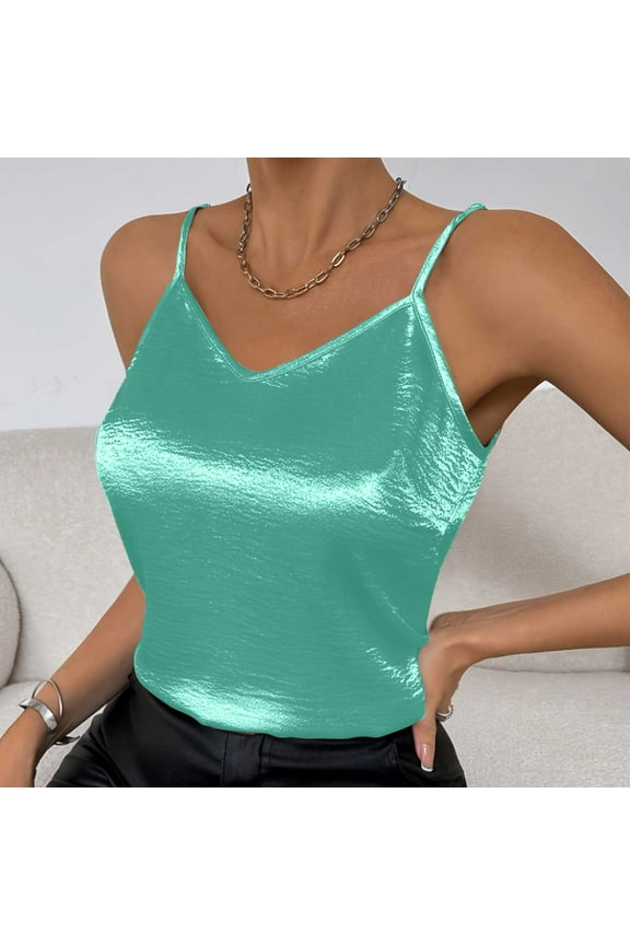 Tank Tops for Women under $5 Bright Solid Color V-Neck Satin Camisole Stretchable Vest Sequins Camisoles Mint Green S