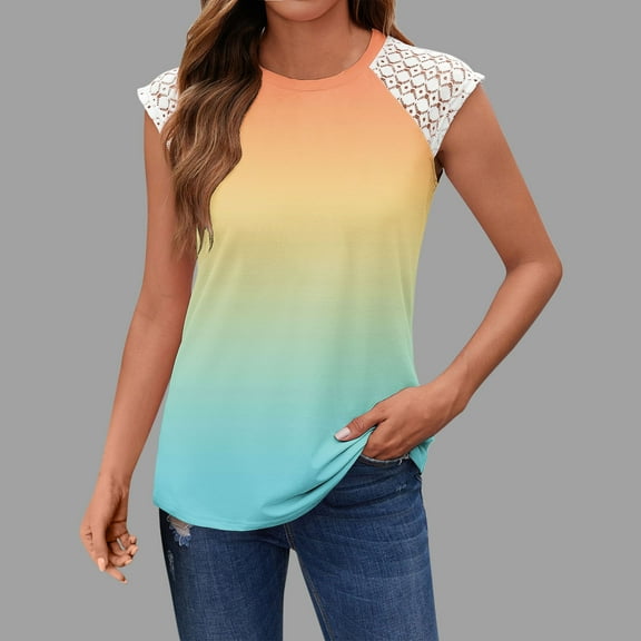 Tank Tops for Women under $5 Plus Size Lace Sleeveless Round Neck Gradient Printed T-shirt Yellow XXL