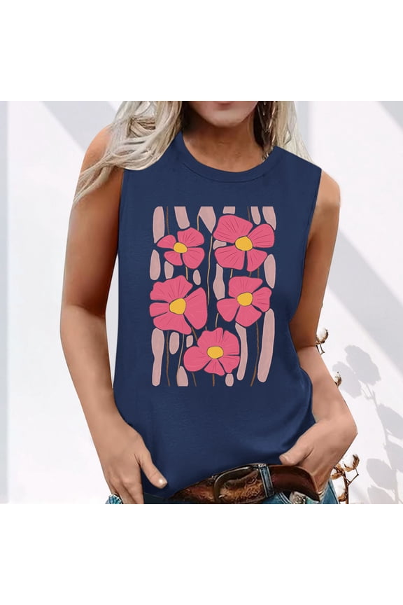 Tank Tops for Women under $5 Plus Size Sleeveless Floral Print Round Neck Summer Printed Top Navy L