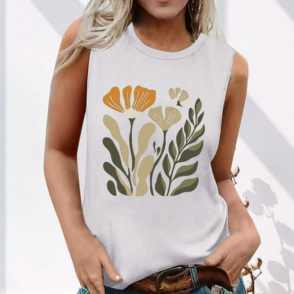 Tank Tops for Women under $5 Plus Size Clearance Sleeveless Floral Print Round Neck Summer Printed Top White XXL