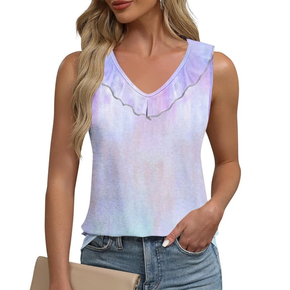 Tank Tops for Women under $5 Plus Size Sleeveless Gradient Ruffles V-neck Casual Shirt Blue XXL