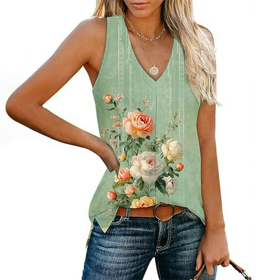 Tank Tops for Women under $5 Plus Size Clearance Sleeveless Printed V-neck Pullover Side Slit Loose Casual Top Multicolor XXL
