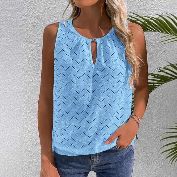 Tank Tops for Women under $5 Plus Size Clearance Sleeveless Summer Eyelet Hollowed-Out Round-Necked Casual Tank Sky Blue L