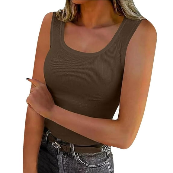Tank Tops for Women under $5 Plus Size Sleeveless U Neck Leisure Solid Top Brown XXL
