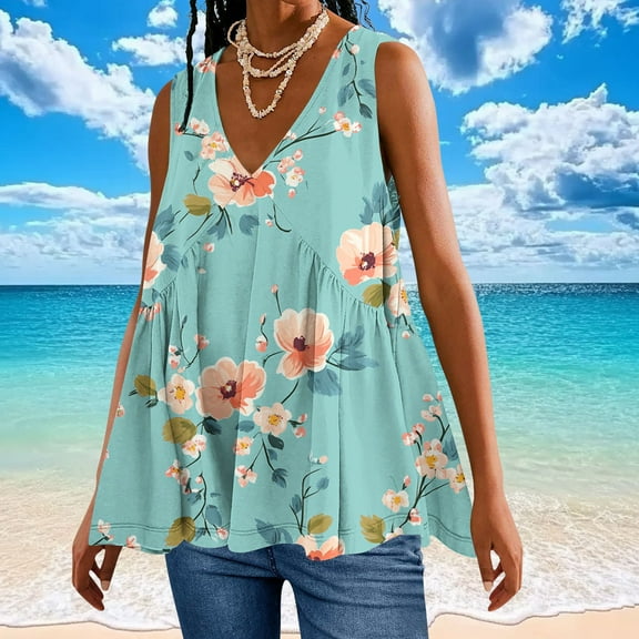 Tank Tops for Women under $5 Plus Size Sleeveless V-Neck Casual Printed T-shirt Blouse Light Blue L