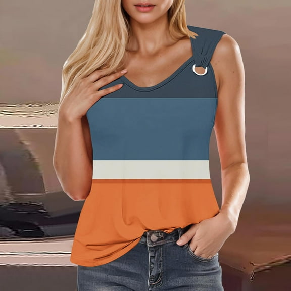 Tank Tops for Women under $5 Plus Size Sleeveless V-neck Printing Loose T-shirt Orange L