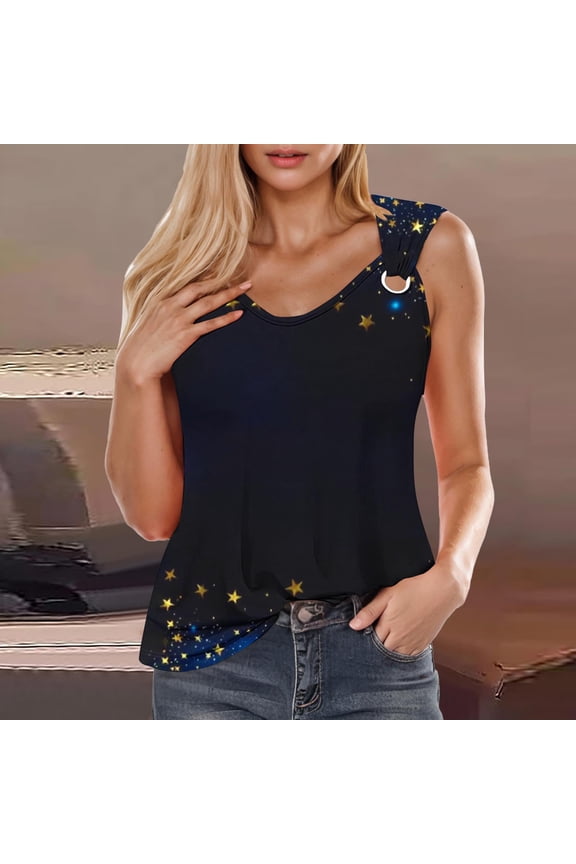 Tank Tops for Women under $5 Plus Size Sleeveless V-neck Star Printing Loose T-shirt Multicolor L