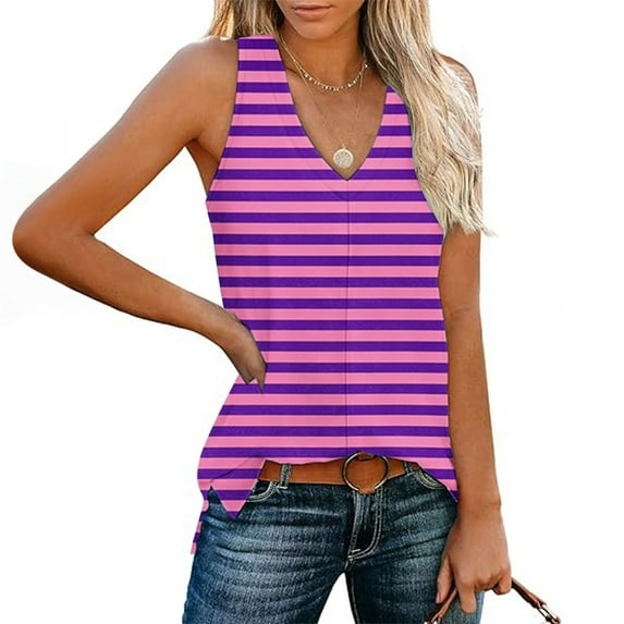 Tank Tops for Women under $5 Plus Size Stripe V-neck Sleeveless Loose Casual Side Slit Casual Top Hot Pink XXL