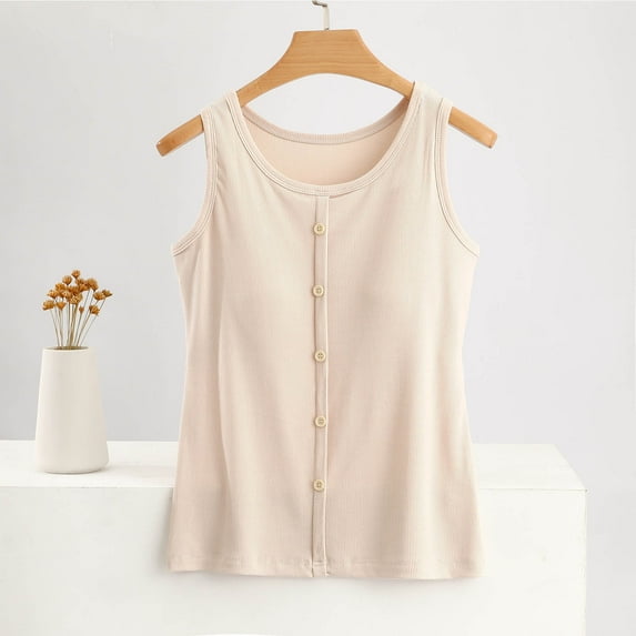 Tank Tops for Women under $5 Plus Size with Chest Cushion Summer Casual Solid Color Loose Round-neck Camisoles Tank Beige XXL