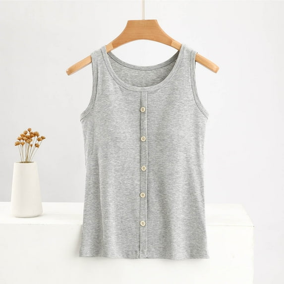 Tank Tops for Women under $5 Plus Size Clearance with Chest Cushion Summer Casual Solid Color Loose Round-neck Camisoles Tank Gray L