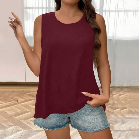 Tank Tops for Women under $5 Plus Size Sleeveless Round Neck Plus Solid Color Tank Loose T-shirt Wine 2XL
