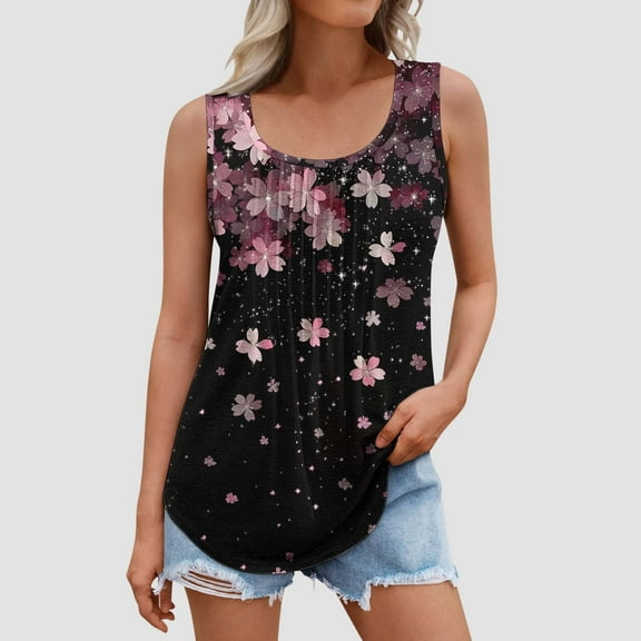 Tank Tops for Women under $5 Plus Size Sleeveless Round Neck Print Casual Tee Tank Multicolor 2XL