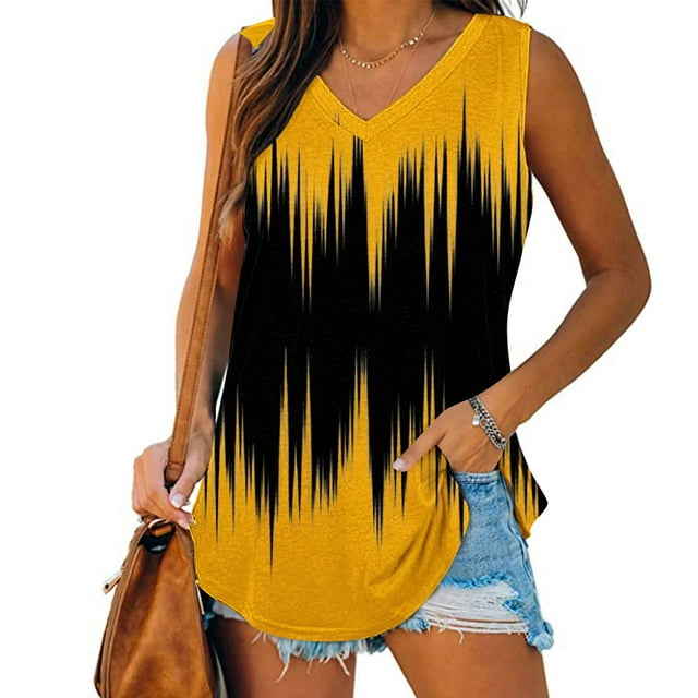 Tank Tops for Women under $5 Plus Size Sleeveless V-Neck Basic Casual Flowy Summer T-Shirt Yellow M