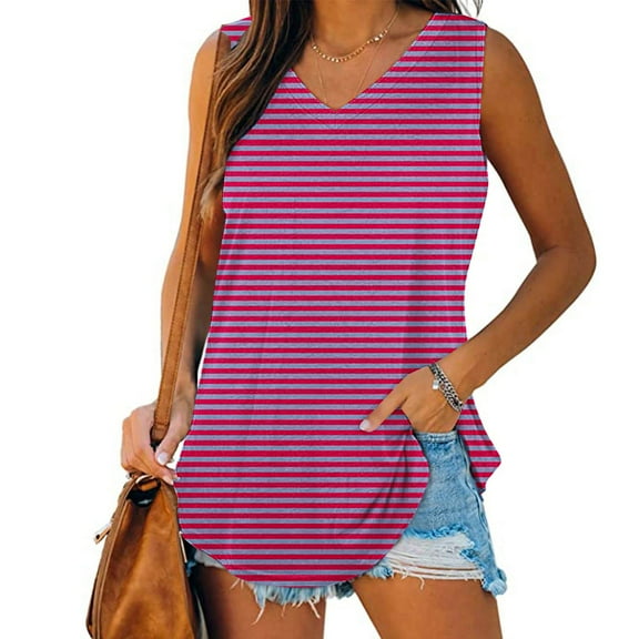 Tank Tops for Women under $5 Plus Size Sleeveless V-Neck Stripe Basic Casual Flowy Summer T-Shirt Hot Pink M