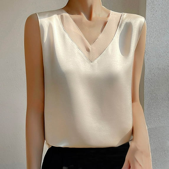 Tank Tops for Women under $5 Satin V-neck Solid Color Tank Camisole Undershirt Beige 2XL