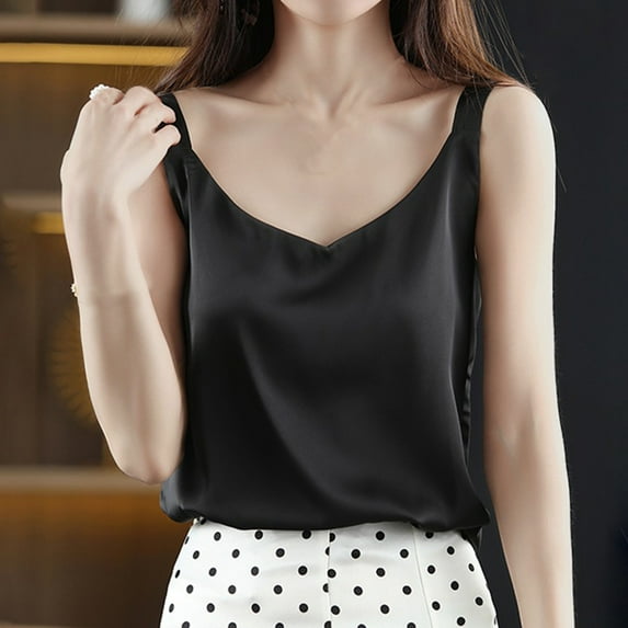 Tank Tops for Women under $5 Satin V-neck Solid Color Tank Camisole Undershirt Black 2XL