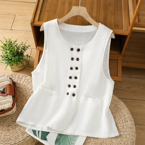 Tank Tops for Women under $5 Sleeveless Camisoles Button with Round Neck Solid Color Tank White M