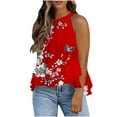 thumbnail image 1 of Tank Tops for Women under $5 Sleeveless Hanging Neck Vest Ruffles Hem Printed Loose T-shirt 1-Red M, 1 of 6