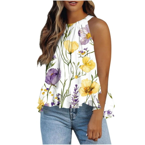 Tank Tops for Women under $5 Sleeveless Hanging Neck Vest Ruffles Hem Printed Loose T-shirt 1-*Yellow M