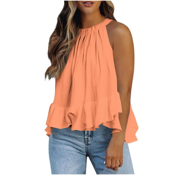 Tank Tops for Women under $5 Sleeveless Hanging Neck Vest Ruffles Hem Solid Color Loose T-shirt Orange M