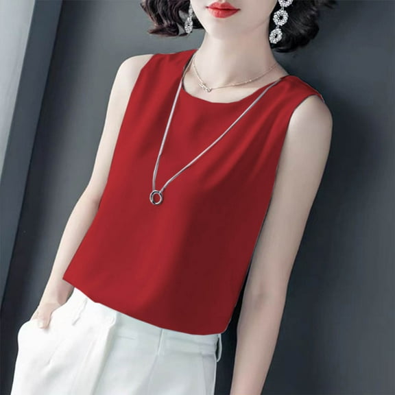 Tank Tops for Women under $5 Sleeveless Round-Neck Casual Oversize Solid Color Blouse Tank Red L
