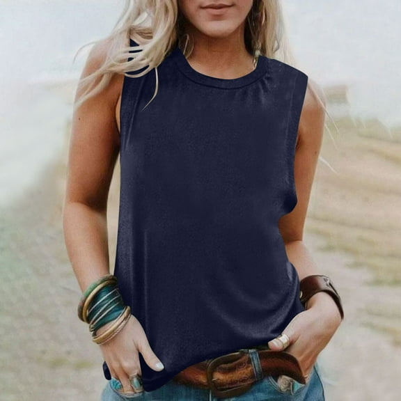 Tank Tops for Women under $5 Sleeveless Round Neck Solid Color Shirt Casual Tank Navy L