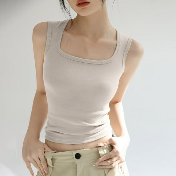 Tank Tops for Women under $5 Sleeveless Square Collar Casual Solid Color Summer Blouse Tank Beige L