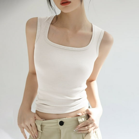 Tank Tops for Women under $5 Sleeveless Square Collar Casual Solid Color Summer Blouse Tank White L