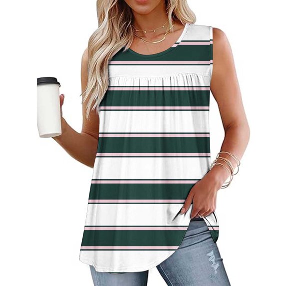 Tank Tops for Women under $5 Plus Size Sleeveless Stripe Printed Round Neck Pleated Summer Tank Army Green L