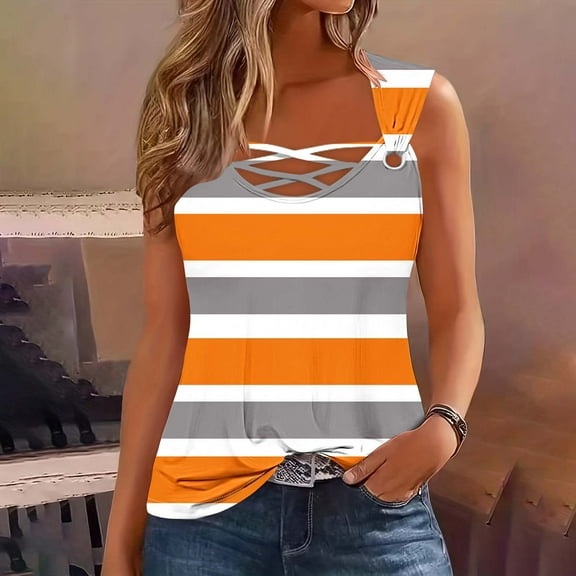 Tank Tops for Women under $5 Sleeveless Stripe Round-Neck Camisole T-shirt Loose Tank Orange S