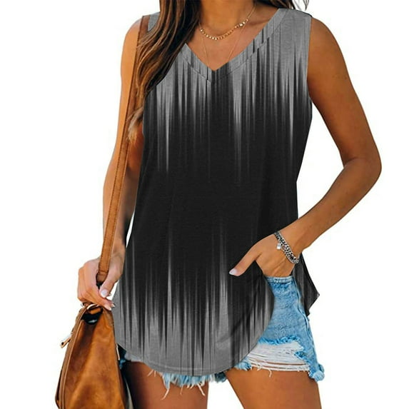 Tank Tops for Women under $5 Sleeveless V-Neck Print Basic Casual Flowy Summer T-Shirt Gray S