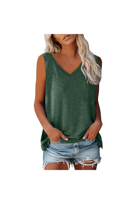 Tank Tops for Women under $5 Sleeveless V-Neck Solid Color Casual Tank Top Green S