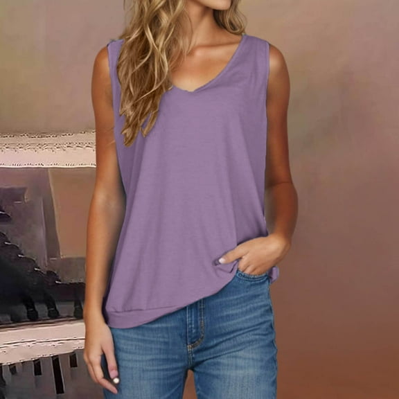 Tank Tops for Women under $5 Sleeveless V-neck Solid Color Loose Casual Camisole Purple M