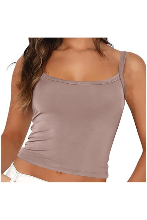 Tank Tops for Women under $5 Solid Round Neck Sleeveless Camisole Tank Tops Khaki XL