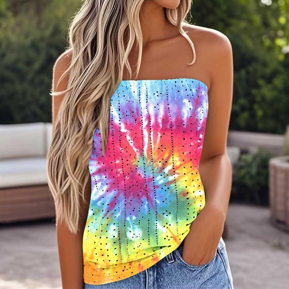 Tank Tops for Women under $5 Strapless Sleeveless Printing Bandeau Tank Summer Casual Summer Wear Yellow M