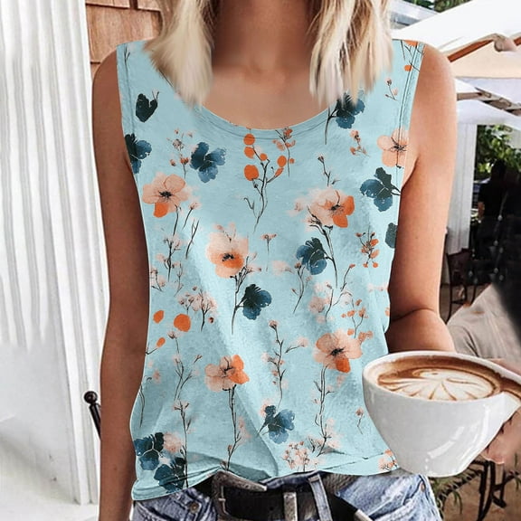 Tank Tops for Women under $5 Summer Printed Round-Neck Sleeveless Tank Top Multicolor S